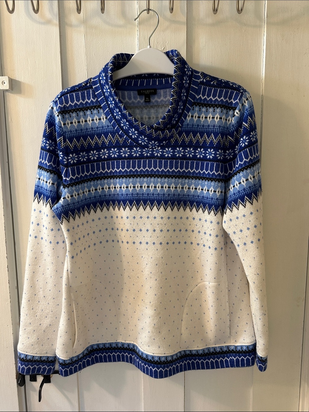 Talbots Blue and White Fair Isle Cowlneck Sweater